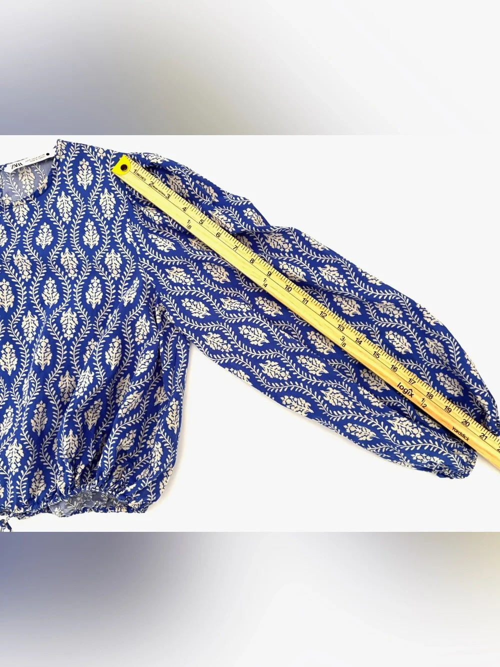 Zara Blue Floral Print Cropped Blouse Balloon Sleeve Boho - Size Small Like New